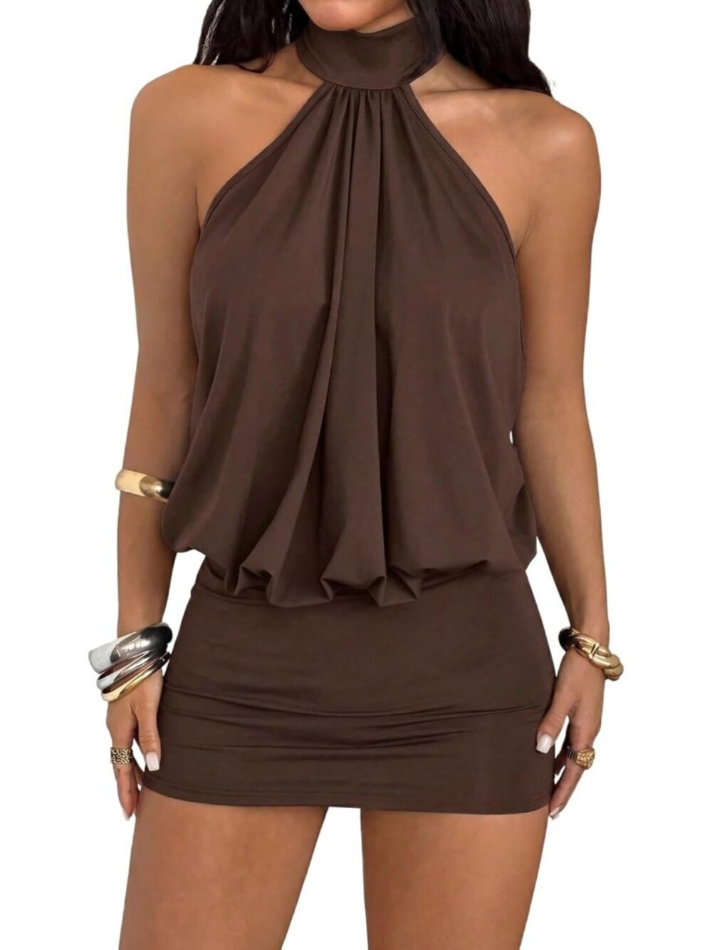 〽️Women's Coffee Brown Halter Neck Backless Pull On Cocktail Bodycon Mini Dress